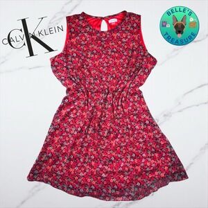 Calvin Klein Dress Womens 22W Kari Shift Chiffon Trapeze Red Floral Tea Vacation